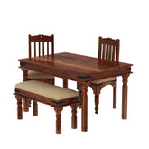 Ajmer Solid Sheesham Wood 4 Seater Dining Set With Bench (With Cushion, Natural Finish)